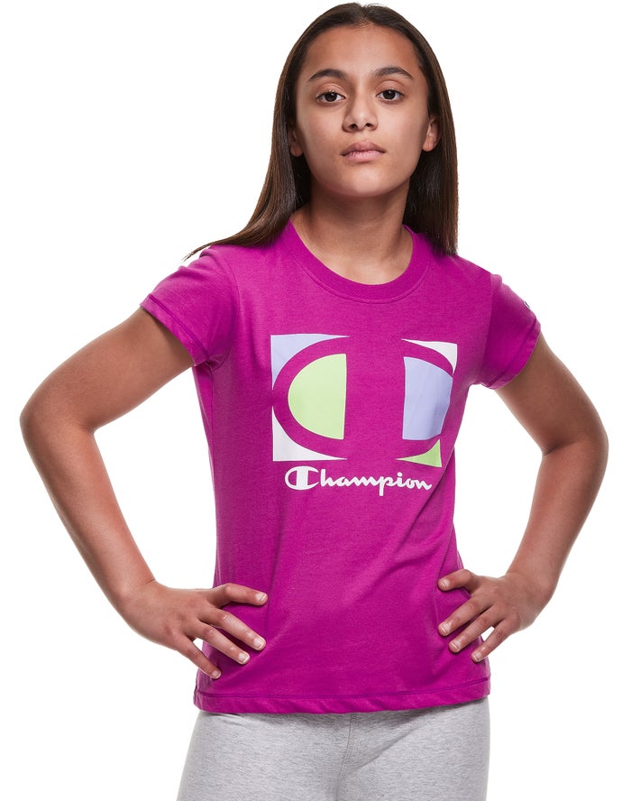 Champion Girls T-Shirt NZ - Classic Graphic Colorblock Logo Purple ( 5147-AUGXW )